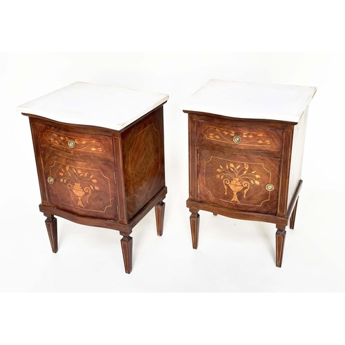 287 - BEDSIDE COMMODINOS, a pair, Italian walnut and foliate satinwood marquetry each with drawer and door... 