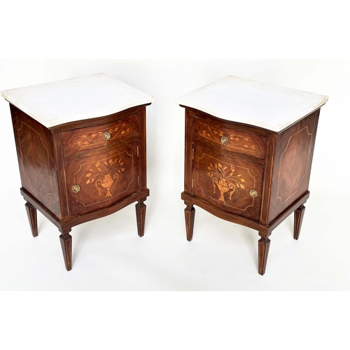 287 - BEDSIDE COMMODINOS, a pair, Italian walnut and foliate satinwood marquetry each with drawer and door... 