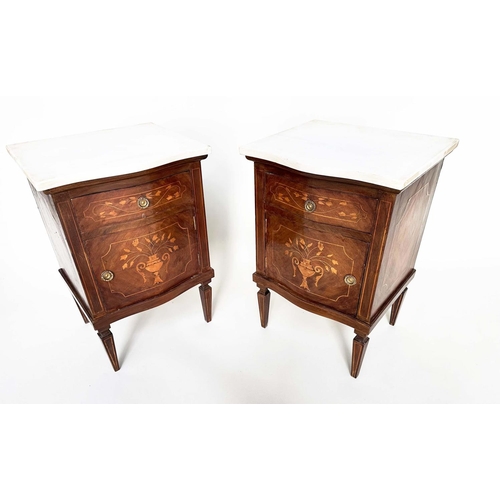 287 - BEDSIDE COMMODINOS, a pair, Italian walnut and foliate satinwood marquetry each with drawer and door... 