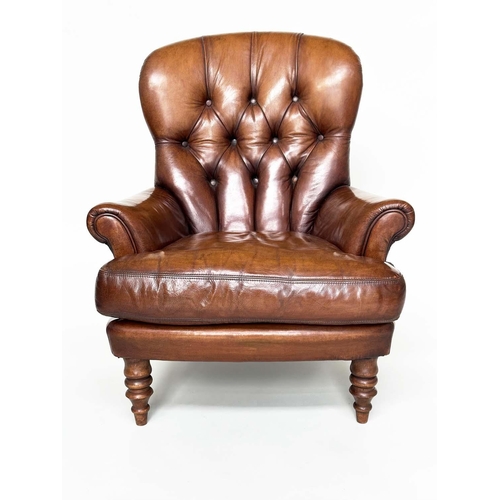 288 - LIBRARY ARMCHAIR, Georgian design with deep buttoned soft natural tan brown leather upholstery and t... 