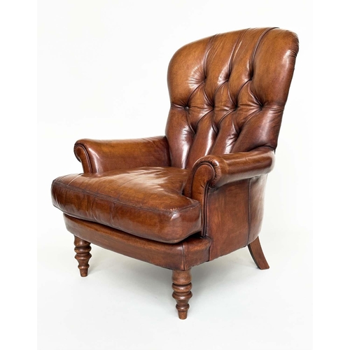 288 - LIBRARY ARMCHAIR, Georgian design with deep buttoned soft natural tan brown leather upholstery and t... 