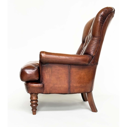 288 - LIBRARY ARMCHAIR, Georgian design with deep buttoned soft natural tan brown leather upholstery and t... 