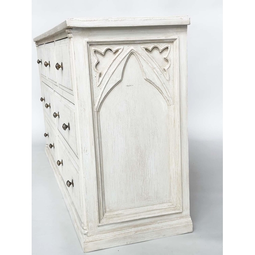 290 - LOW CHEST, Gothic design traditionally grey painted with seven drawers, 140cm W x 43cm D x 79cm H.