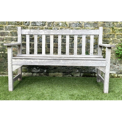 397 - GARDEN BENCH, silvery weathered teak of slatted construction, 130cm W, by 'Lister'.