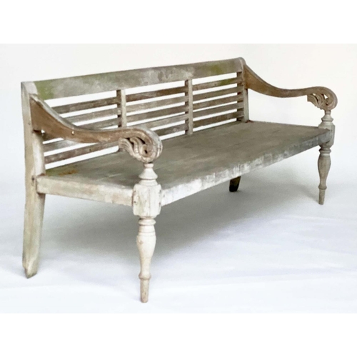 295 - BENCH, Swedish style, weathered teak with scroll carved arms and turned front supports, 197cm W.