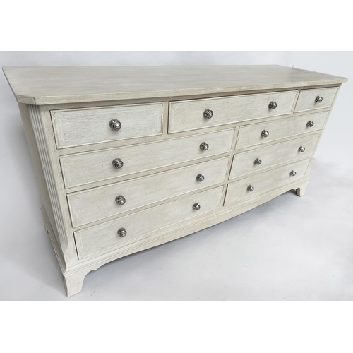 296 - LOW CHEST, Georgian style traditionally grey painted with nine drawers, canted angles and bracket su... 