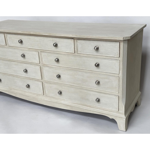 296 - LOW CHEST, Georgian style traditionally grey painted with nine drawers, canted angles and bracket su... 