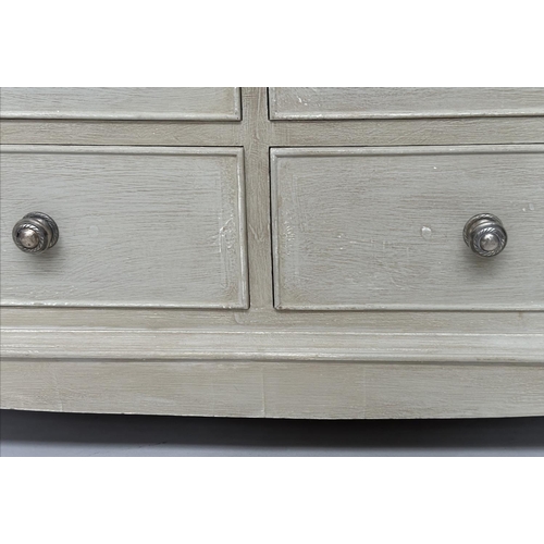 296 - LOW CHEST, Georgian style traditionally grey painted with nine drawers, canted angles and bracket su... 