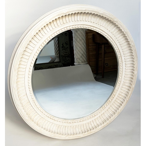 400 - CIRCULAR WALL MIRROR, French style grey painted with fluted and beaded frame, 84cm W.