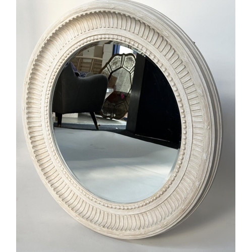 400 - CIRCULAR WALL MIRROR, French style grey painted with fluted and beaded frame, 84cm W.