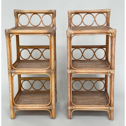 401 - SIDE TABLES, a pair, rattan framed, wicker panelled and cane bound each with three tiers, 34cm x 34c... 