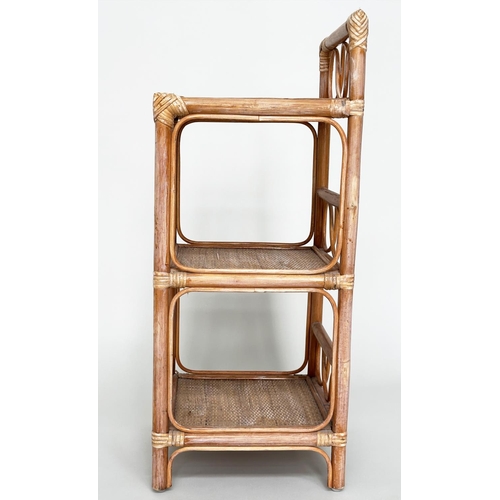 401 - SIDE TABLES, a pair, rattan framed, wicker panelled and cane bound each with three tiers, 34cm x 34c... 