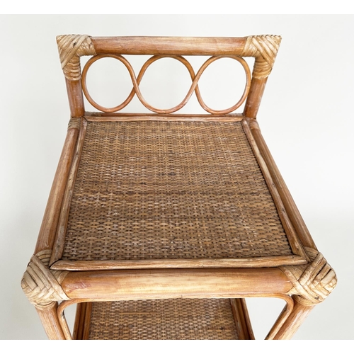 401 - SIDE TABLES, a pair, rattan framed, wicker panelled and cane bound each with three tiers, 34cm x 34c... 