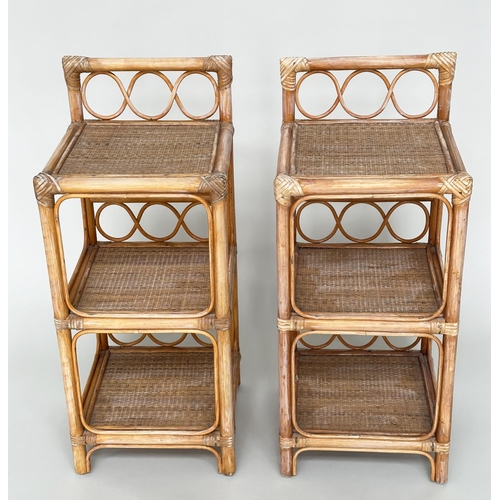 401 - SIDE TABLES, a pair, rattan framed, wicker panelled and cane bound each with three tiers, 34cm x 34c... 