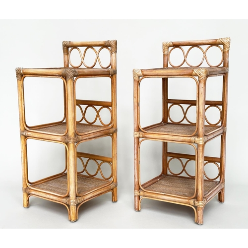 401 - SIDE TABLES, a pair, rattan framed, wicker panelled and cane bound each with three tiers, 34cm x 34c... 