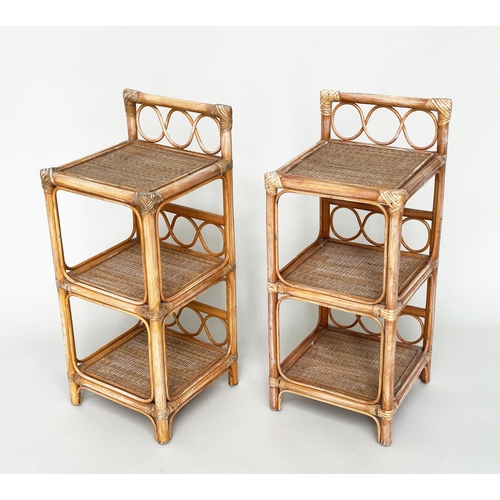 401 - SIDE TABLES, a pair, rattan framed, wicker panelled and cane bound each with three tiers, 34cm x 34c... 