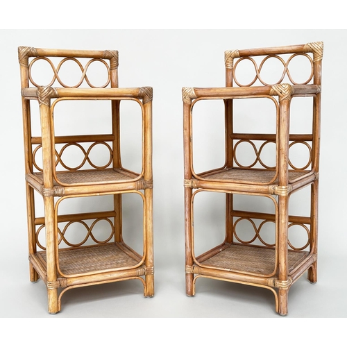 401 - SIDE TABLES, a pair, rattan framed, wicker panelled and cane bound each with three tiers, 34cm x 34c... 