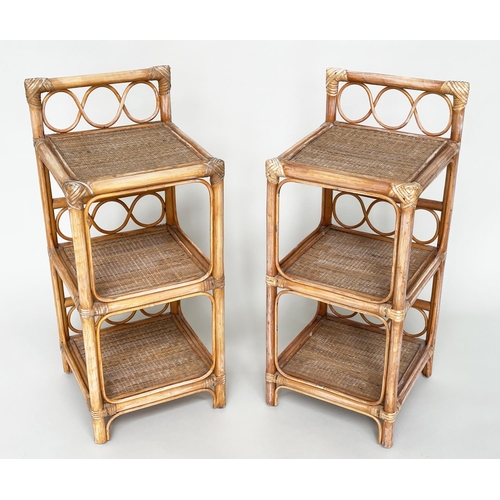 401 - SIDE TABLES, a pair, rattan framed, wicker panelled and cane bound each with three tiers, 34cm x 34c... 