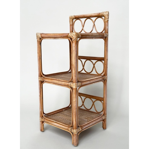 401 - SIDE TABLES, a pair, rattan framed, wicker panelled and cane bound each with three tiers, 34cm x 34c... 