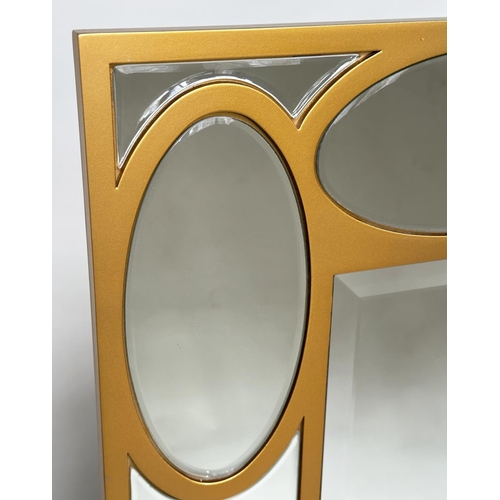 402 - WALL MIRROR, rectangular gilt with oval panelled marginal plates and bevelled mirror throughout, 80c... 