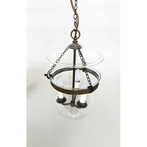 405 - HALL LANTERNS, a pair, glass and bronzed metal each with three lights, 40cm H x 23cm. (2)