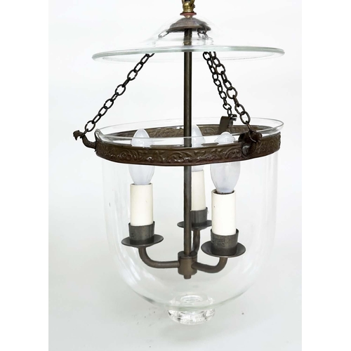 405 - HALL LANTERNS, a pair, glass and bronzed metal each with three lights, 40cm H x 23cm. (2)