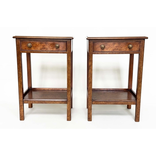 406 - LAMP TABLES, a pair, George III design burr walnut and crossbanded each with drawer and undertier, 4... 