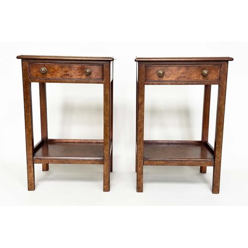 406 - LAMP TABLES, a pair, George III design burr walnut and crossbanded each with drawer and undertier, 4... 