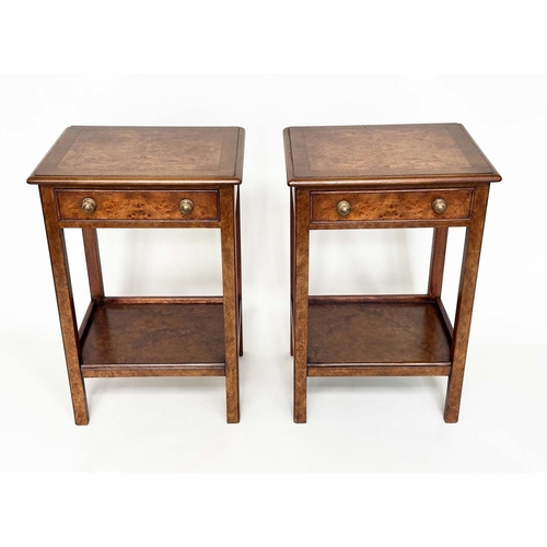 406 - LAMP TABLES, a pair, George III design burr walnut and crossbanded each with drawer and undertier, 4... 