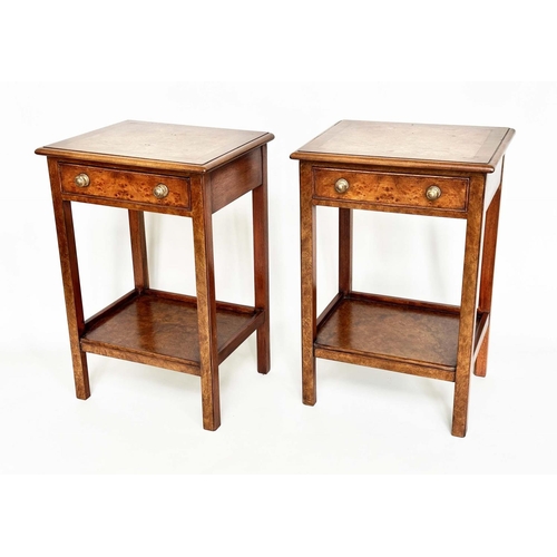 406 - LAMP TABLES, a pair, George III design burr walnut and crossbanded each with drawer and undertier, 4... 