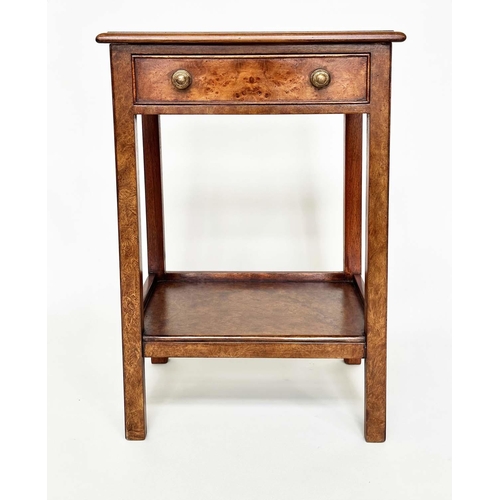 406 - LAMP TABLES, a pair, George III design burr walnut and crossbanded each with drawer and undertier, 4... 