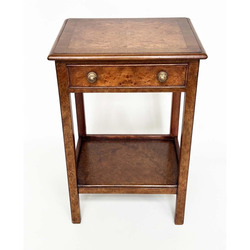 406 - LAMP TABLES, a pair, George III design burr walnut and crossbanded each with drawer and undertier, 4... 