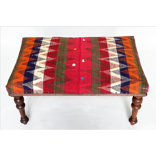 407 - HEARTH STOOL, Victorian walnut rectangular with Persian Qashqai kelim upholstery and well turned tap... 