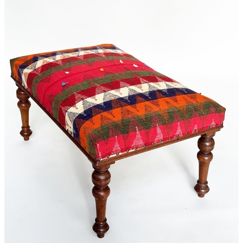 407 - HEARTH STOOL, Victorian walnut rectangular with Persian Qashqai kelim upholstery and well turned tap... 