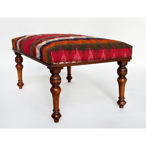 407 - HEARTH STOOL, Victorian walnut rectangular with Persian Qashqai kelim upholstery and well turned tap... 