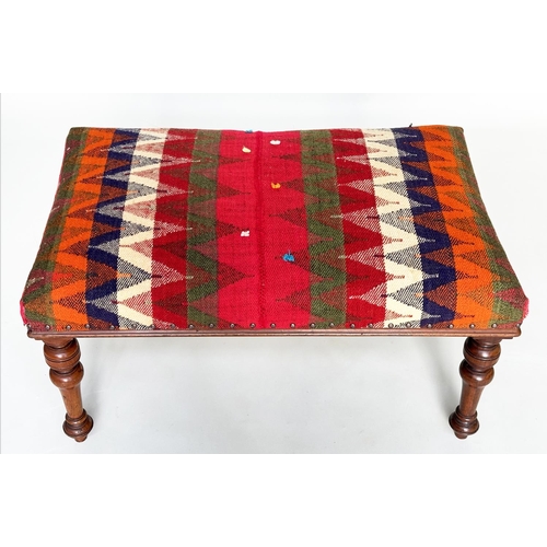 407 - HEARTH STOOL, Victorian walnut rectangular with Persian Qashqai kelim upholstery and well turned tap... 