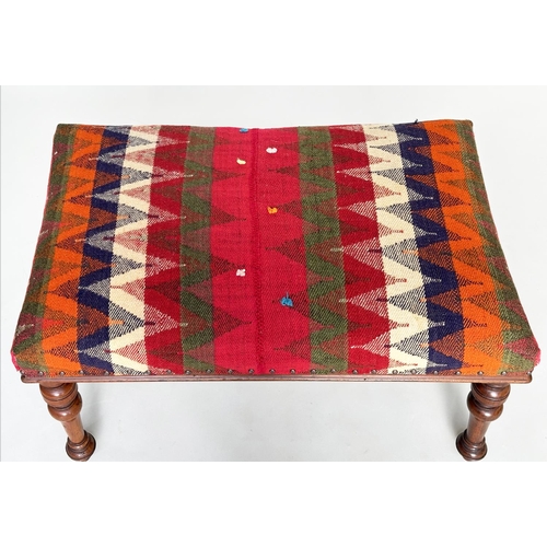 407 - HEARTH STOOL, Victorian walnut rectangular with Persian Qashqai kelim upholstery and well turned tap... 