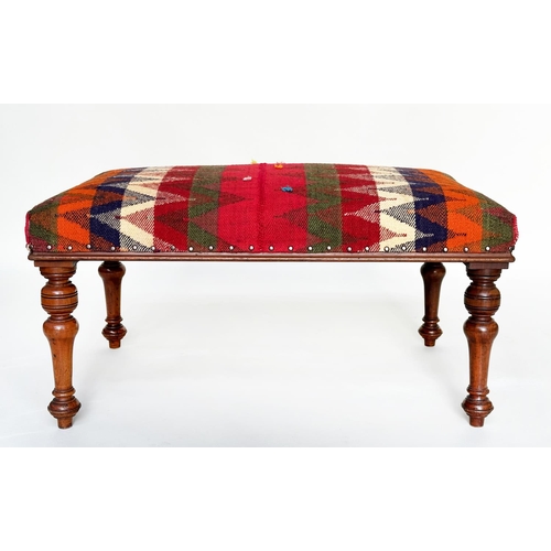 407 - HEARTH STOOL, Victorian walnut rectangular with Persian Qashqai kelim upholstery and well turned tap... 