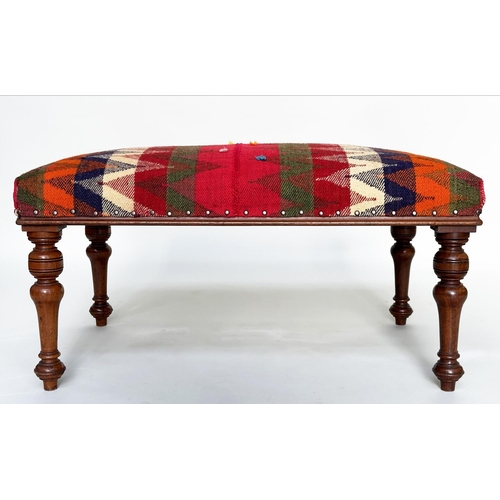 407 - HEARTH STOOL, Victorian walnut rectangular with Persian Qashqai kelim upholstery and well turned tap... 