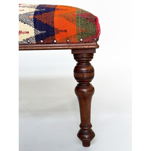 407 - HEARTH STOOL, Victorian walnut rectangular with Persian Qashqai kelim upholstery and well turned tap... 