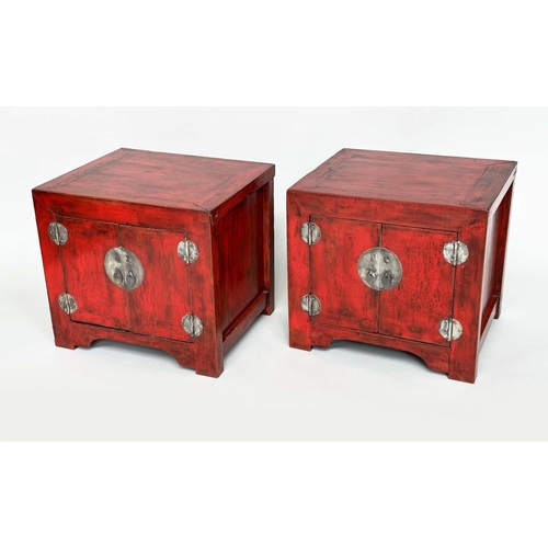 408 - CHINESE CABINETS, a pair, cube form Chinese scarlet lacquered and silvered metal mounted, 60cm x 51c... 