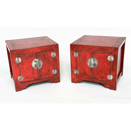 408 - CHINESE CABINETS, a pair, cube form Chinese scarlet lacquered and silvered metal mounted, 60cm x 51c... 