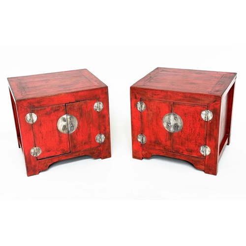 408 - CHINESE CABINETS, a pair, cube form Chinese scarlet lacquered and silvered metal mounted, 60cm x 51c... 