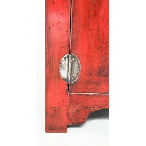 408 - CHINESE CABINETS, a pair, cube form Chinese scarlet lacquered and silvered metal mounted, 60cm x 51c... 