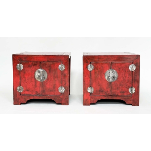 408 - CHINESE CABINETS, a pair, cube form Chinese scarlet lacquered and silvered metal mounted, 60cm x 51c... 