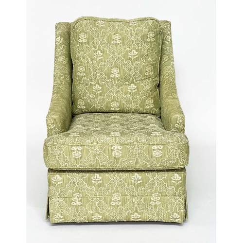 414 - ARMCHAIR, Egerton style with sloping arms and moss green woven upholstery, 66cm W.