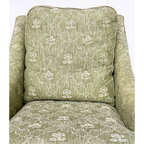 414 - ARMCHAIR, Egerton style with sloping arms and moss green woven upholstery, 66cm W.