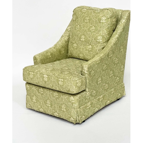 414 - ARMCHAIR, Egerton style with sloping arms and moss green woven upholstery, 66cm W.