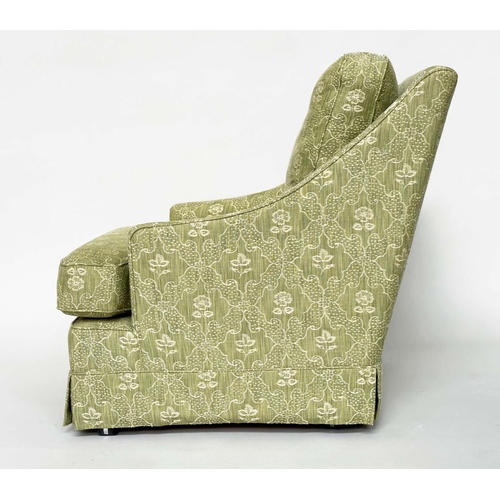 414 - ARMCHAIR, Egerton style with sloping arms and moss green woven upholstery, 66cm W.