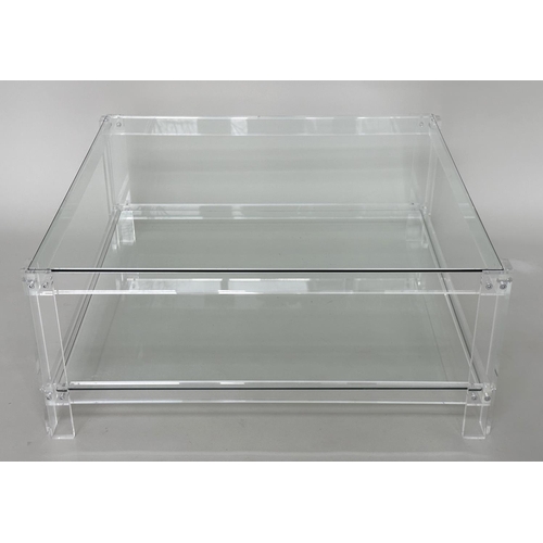 416 - LUCITE LOW TABLE, square glazed raised upon lucite supports with undertier, 90cm x 90cm x 38cm.